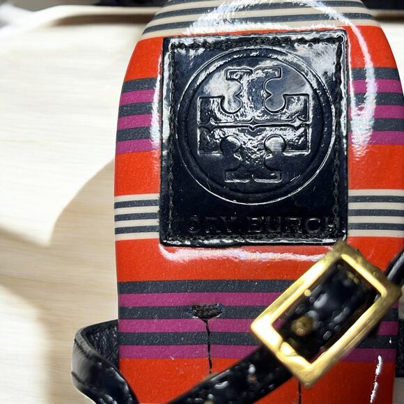 Tory Burch Emmy Patent Calf T-Strap Stripe Sandal Size 7M - Picture 6 of 11